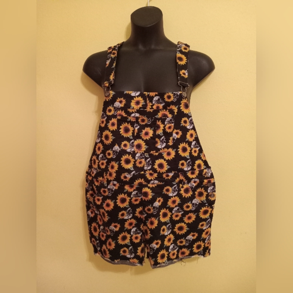 Hot Topic Denim Shortall Sunflowers and Skulls Overalls